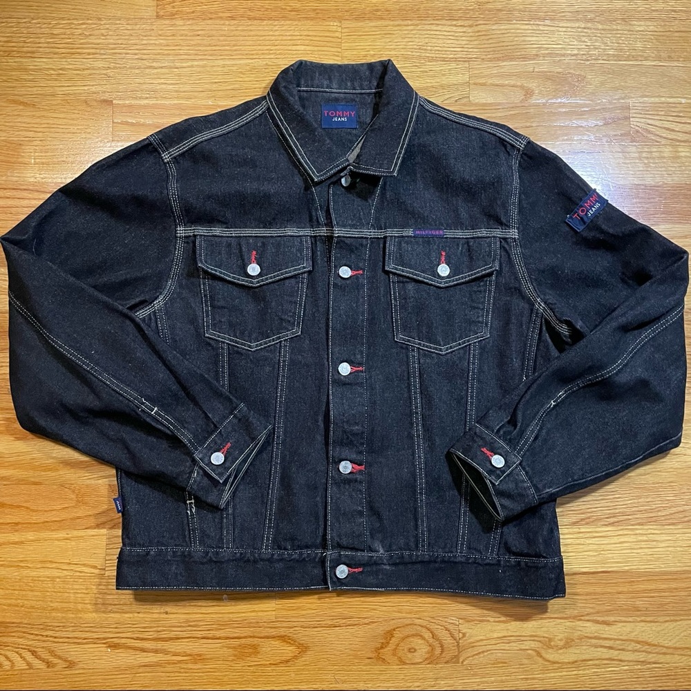 Vintage 90s Tommy Hillfiger Jeans Black Denim Jean Jacket Men’s Size Large